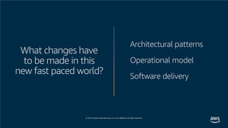 © 2019, Amazon Web Services, Inc. or its affiliates. All rights reserved.
What changes have
to be made in this
new fast paced world?
Architectural patterns
Operational model
Software delivery
 