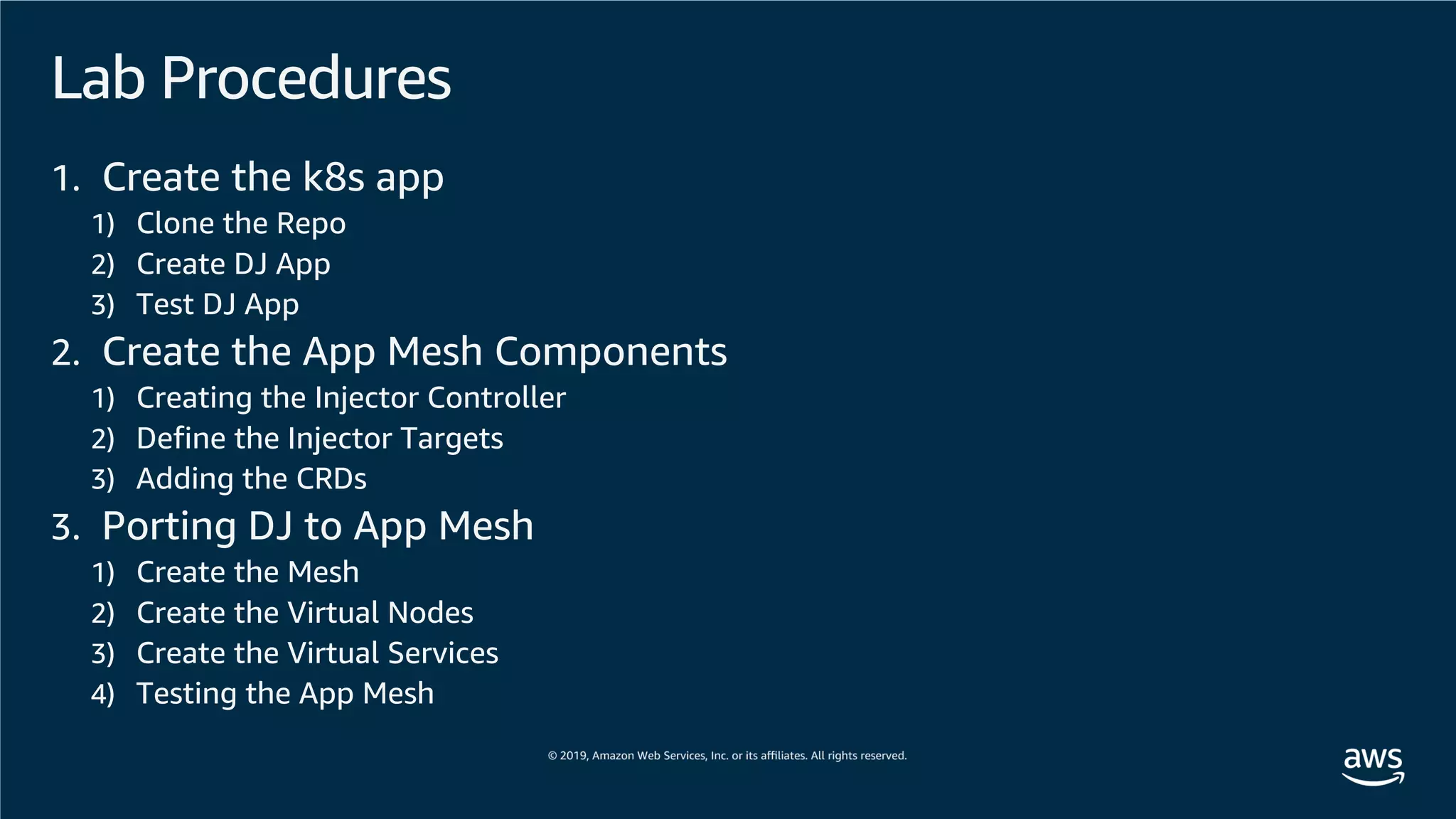 Lab Procedures
1. Create the k8s app
1) Clone the Repo
2) Create DJ App
3) Test DJ App
2. Create the App Mesh Components
1) Creating the Injector Controller
2) Define the Injector Targets
3) Adding the CRDs
3. Porting DJ to App Mesh
1) Create the Mesh
2) Create the Virtual Nodes
3) Create the Virtual Services
4) Testing the App Mesh
 