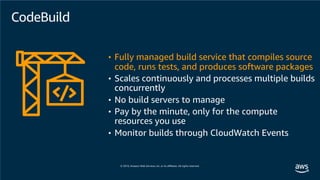CodeBuild
• Fully managed build service that compiles source
code, runs tests, and produces software packages
• Scales continuously and processes multiple builds
concurrently
• No build servers to manage
• Pay by the minute, only for the compute
resources you use
• Monitor builds through CloudWatch Events
 