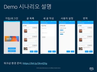 글 목록
Demo 시나리오 설명
워크샵 환경 준비: https://bit.ly/2krxQ5g
사용자 설정 번역새 글 작성가입/로그인
 
