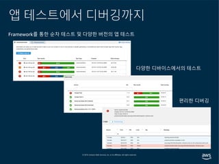 앱 테스트에서 디버깅까지
Framework를 통한 순차 테스트 및 다양한 버전의 앱 테스트
다양한 디바이스에서의 테스트
편리한 디버깅
 