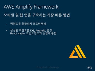 AWS Amplify Framework
모바일 및 웹 앱을 구축하는 가장 빠른 방법
• 백엔드를 원활하게 프로비저닝
• 생성된 백엔드를 iOS, Android, 웹 및
React Native 프런트엔드와 손쉽게 통합
 