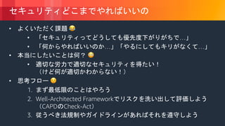 © 2018, Amazon Web Services, Inc. or its Affiliates. All rights reserved.
• !
• …
• … …
• "
•
• #
1.
2. Well-Architected Framework
CAPD Check-Act
3.
 