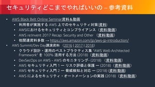 © 2018, Amazon Web Services, Inc. or its Affiliates. All rights reserved.
–
• AWS Black Belt Online Seminar
• AWS ( )
• AWS |
• AWS re:Invent 2017 Recap: Security and Other |
• → https://aws.amazon.com/jp/aws-jp-introduction/
• AWS Summit/Dev Day 2016 | 2017 | 2018
• “AWS Well-Architected
Framework” 100% (2018) |
• DevSecOps on AWS - AWS - (2018) |
• AWS 1 (2018) |
• AWS 2 (2018) ( | )
• AWS (2018) |
 