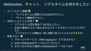 • !
• UI
•
• "
• UX
•
" " ###
• $
1. AWS AppSync
2. ALB WebSocket
3. WebSocket
WebSocket
 