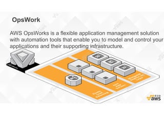 OpsWork
AWS OpsWorks is a flexible application management solution
with automation tools that enable you to model and control your
applications and their supporting infrastructure.
 