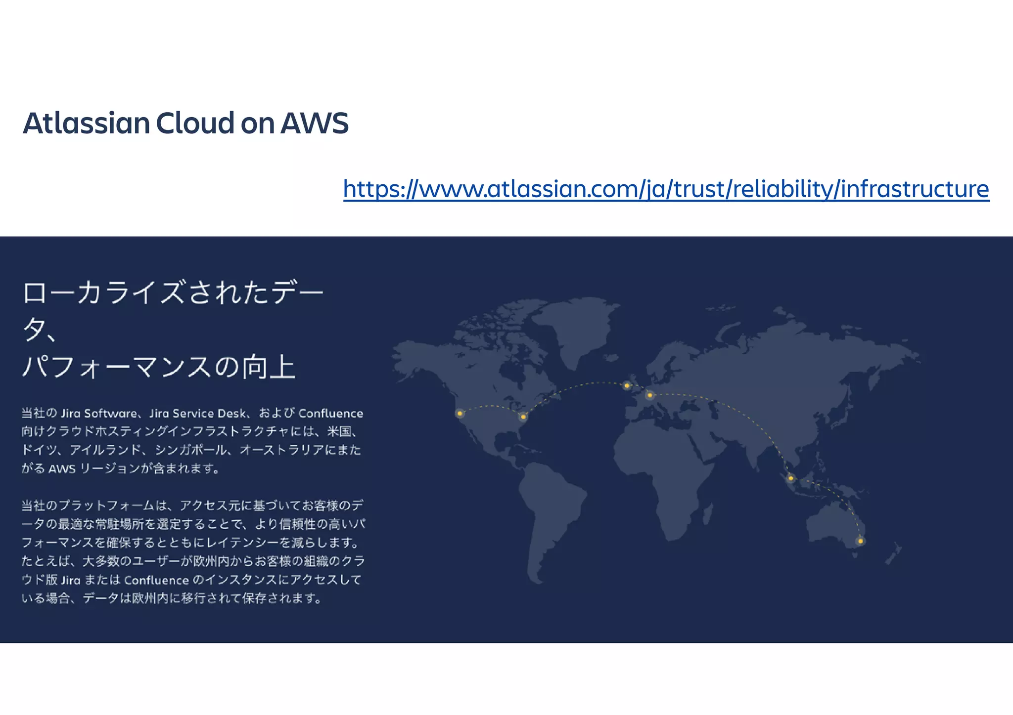 Atlassian Cloud on AWS
https://www.atlassian.com/ja/trust/reliability/infrastructure
 
