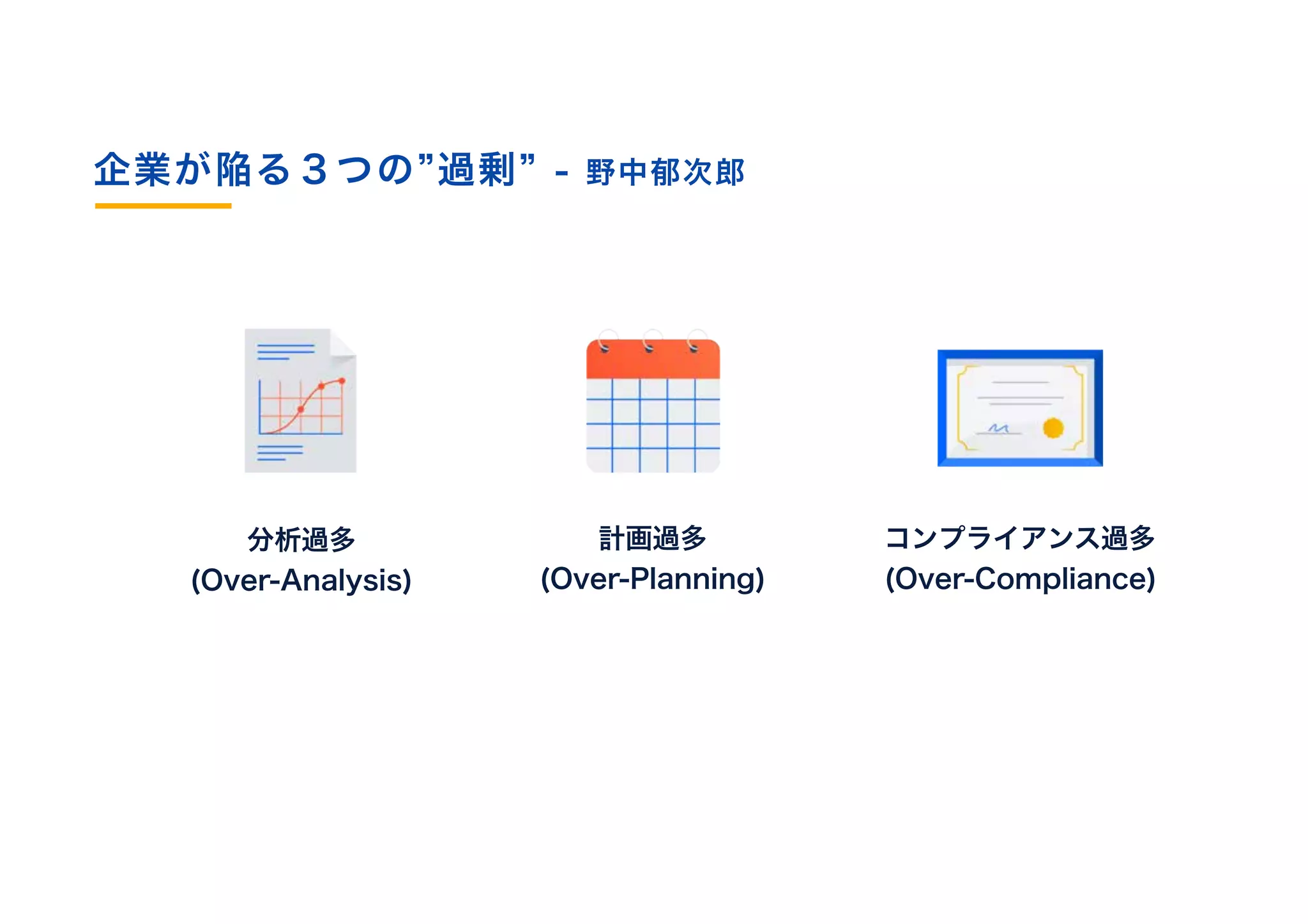 企業が陥る３つの”過剰” - 野中郁次郎
計画過多 
(Over-Planning)
コンプライアンス過多 
(Over-Compliance)
分析過多
(Over-Analysis)
 