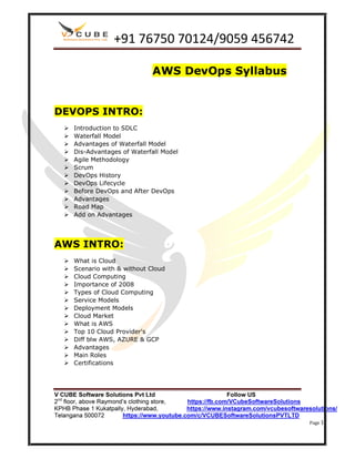 AWS DevOps Syllabus
DEVOPS INTRO:
 Introduction to SDLC
 Waterfall Model
 Advantages of Waterfall Model
 Dis-Advantages of Waterfall Model
 Agile Methodology
 Scrum
 DevOps History
 DevOps Lifecycle
 Before DevOps and After DevOps
 Advantages
 Road Map
 Add on Advantages
AWS INTRO:
 What is Cloud
 Scenario with & without Cloud
 Cloud Computing
 Importance of 2008
 Types of Cloud Computing
 Service Models
 Deployment Models
 Cloud Market
 What is AWS
 Top 10 Cloud Provider's
 Diff blw AWS, AZURE & GCP
 Advantages
 Main Roles
 Certifications
 