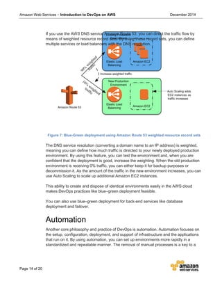 Amazon Web Services – Introduction to DevOps on AWS December 2014
Page 14 of 20
Existing Production
Environment
Elastic Load
Balancing
Amazon EC2
Increase weighted trafﬁc
New Production
Environment
Elastic Load
Balancing
Amazon EC2
If you use the AWS DNS service Amazon Route 53, you can direct the traffic flow by
means of weighted resource record sets. By using these record sets, you can define
multiple services or load balancers with the DNS resolution.
Amazon Route 53
Auto Scaling adds
EC2 instances as
trafﬁc increases
Figure 7: Blue-Green deployment using Amazon Route 53 weighted resource record sets
The DNS service resolution (converting a domain name to an IP address) is weighted,
meaning you can define how much traffic is directed to your newly deployed production
environment. By using this feature, you can test the environment and, when you are
confident that the deployment is good, increase the weighting. When the old production
environment is receiving 0% traffic, you can either keep it for backup purposes or
decommission it. As the amount of the traffic in the new environment increases, you can
use Auto Scaling to scale up additional Amazon EC2 instances.
This ability to create and dispose of identical environments easily in the AWS cloud
makes DevOps practices like blue–green deployment feasible.
You can also use blue–green deployment for back-end services like database
deployment and failover.
Automation
Another core philosophy and practice of DevOps is automation. Automation focuses on
the setup, configuration, deployment, and support of infrastructure and the applications
that run on it. By using automation, you can set up environments more rapidly in a
standardized and repeatable manner. The removal of manual processes is a key to a
 