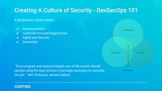 A DevSecOps culture means:
● Communication
● Customer Focused Organization
● Agility and Security
● Ownership
“Every program and every privileged user of the system should
operate using the least amount of privilege necessary to complete
the job.” - MIT Professor Jerome Saltzer.
Creating A Culture of Security - DevSecOps 101
 