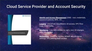 Cloud Service Provider and Account Security
Identity and Access Management (IAM) - root, credentials,
password policies, M...