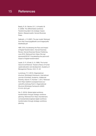 References
Beatty, R. W., Becker, B. E.,  Huselid, M.
A. (2009). The differentiated workforce:
Transforming talent into strategic impact,
Boston, Massachusetts: Harvard Business
Press.
Galbraith, J. R. (2007). The star model. Retrieved
from http://www.jaygalbraith.com/images/pdfs/
StarModel.pdf
HBR, 2016, Accelerating the Pace and Impact
of Digital Transformation, Harvard Business
Review, Harvard Business Review Publishing,
June 2016. Retrieved from https://hbr.org/
sponsored/2016/11/accelerating-the-pace-and-
impact-of-digital-transformation
Lepak, D. P.,  Snell, S. A. (1999). The human
resource architecture: Toward a theory of human
capital allocation and development. Academy of
Management Review, 24(1): 31–48
Lunenburg, F. C. (2012). Organisational
structure: Mintzberg’s framework. International
Journal of Scholarly, Academic, Intellectual
Diversity, Volume 14, Number 1, 2012. Retrieved
from https://platform.europeanmoocs.eu/
users/8/Lunenburg-Fred-C.-Organizational-
Structure-Mintzberg-Framework-IJSAID-
V14-N1-2012.pdf
Vie, C. (2016). Global digital workforce
transformation through strategic workforce
planning. Retrieved from https://ieondemand.
com/presentations/global-digital-workforce-
transformation-through-strategic-workforce-
planning
15
 