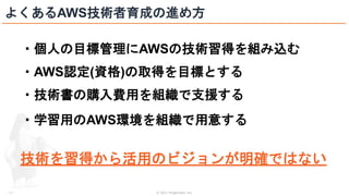 © 2021 ForgeVision, Inc.
- 11 -
よくあるAWS技術者育成の進め方
・個人の目標管理にAWSの技術習得を組み込む
・AWS認定(資格)の取得を目標とする
・技術書の購入費用を組織で支援する
・学習用のAWS環境を組織で用意する
技術を習得から活用のビジョンが明確ではない
 