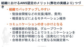 © 2021 ForgeVision, Inc.
- 19 -
・組織でバックアップしやすい
・勉強会開催などの支援(場所、費用)
・報奨金などによるモチベーション維持
・コミュニケーションのきっかけとなる
・組織横断の勉強会、グループワーク
・目標を合わせることでコミュニケーションを
行う背景が明確になる（活発化につながる）
・合格者が教えることで更なる知識定着へ
組織におけるAWS認定のメリット(弊社の実績より) つづ
き
 