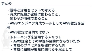 © 2021 ForgeVision, Inc.
- 33 -
まとめ
・習得と活用をセットで考える
・育成に組織が密接に関わること、
関わりが明確であること
・AWSエンジニア育成ツールとしてAWS認定を活
用
・AWS認定は目的ではない
・トレーニングを活用するメリット
・AWS認定とその学習が目的にならないため
・育成のプロセスを明確にするため
・育成に組織が密接に関わる手段として
 
