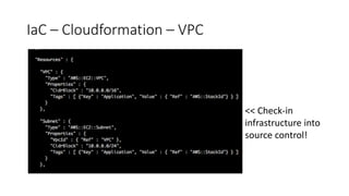 IaC – Cloudformation – VPC
<< Check-in
infrastructure into
source control!
 