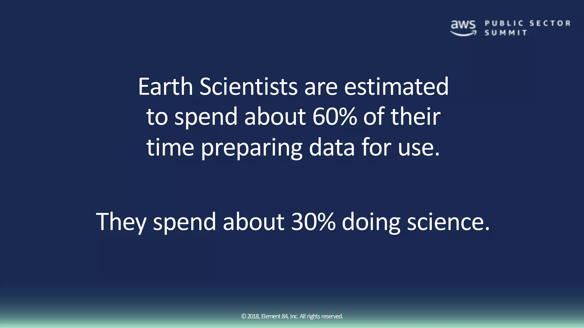 ©2018, Element84, Inc. All rightsreserved.
Earth Scientists are estimated
to spend about 60% of their
time preparing data for use.
They spend about 30% doing science.
 