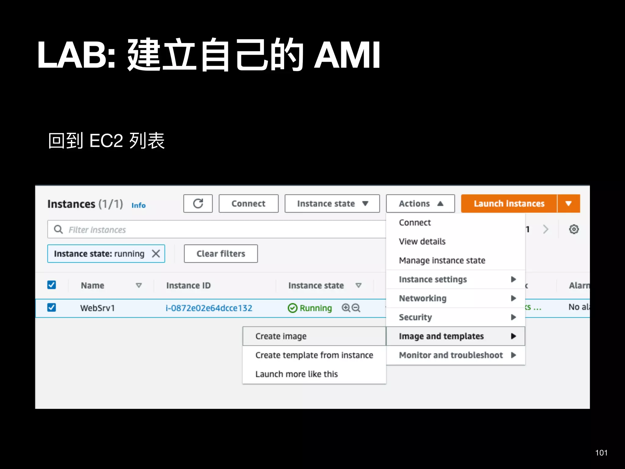 LAB: 建立⾃⼰的 AMI
回到 EC2 列表
101
 