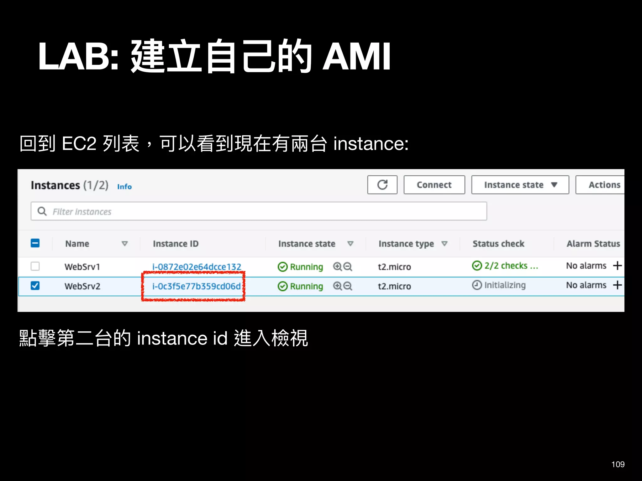 LAB: 建立⾃⼰的 AMI
109
回到 EC2 列表，可以看到現在有兩台 instance:
點擊第⼆台的 instance id 進入檢視
 