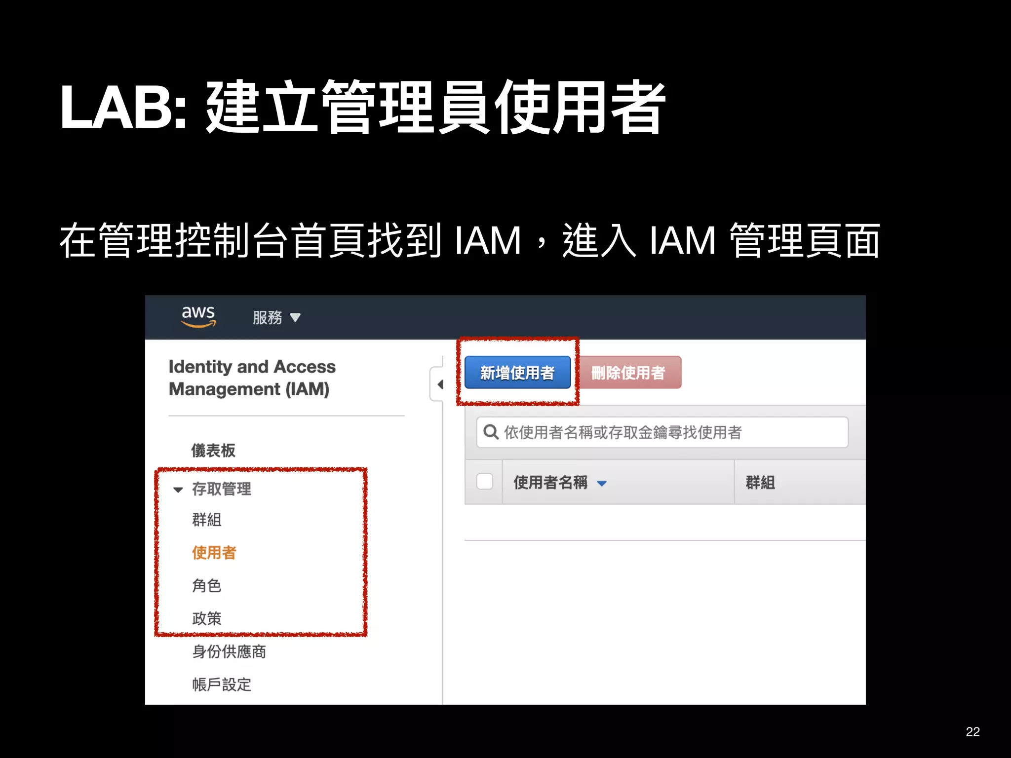 在管理控制台⾸⾴找到 IAM，進入 IAM 管理⾴⾯
22
LAB: 建立管理員使⽤者
 