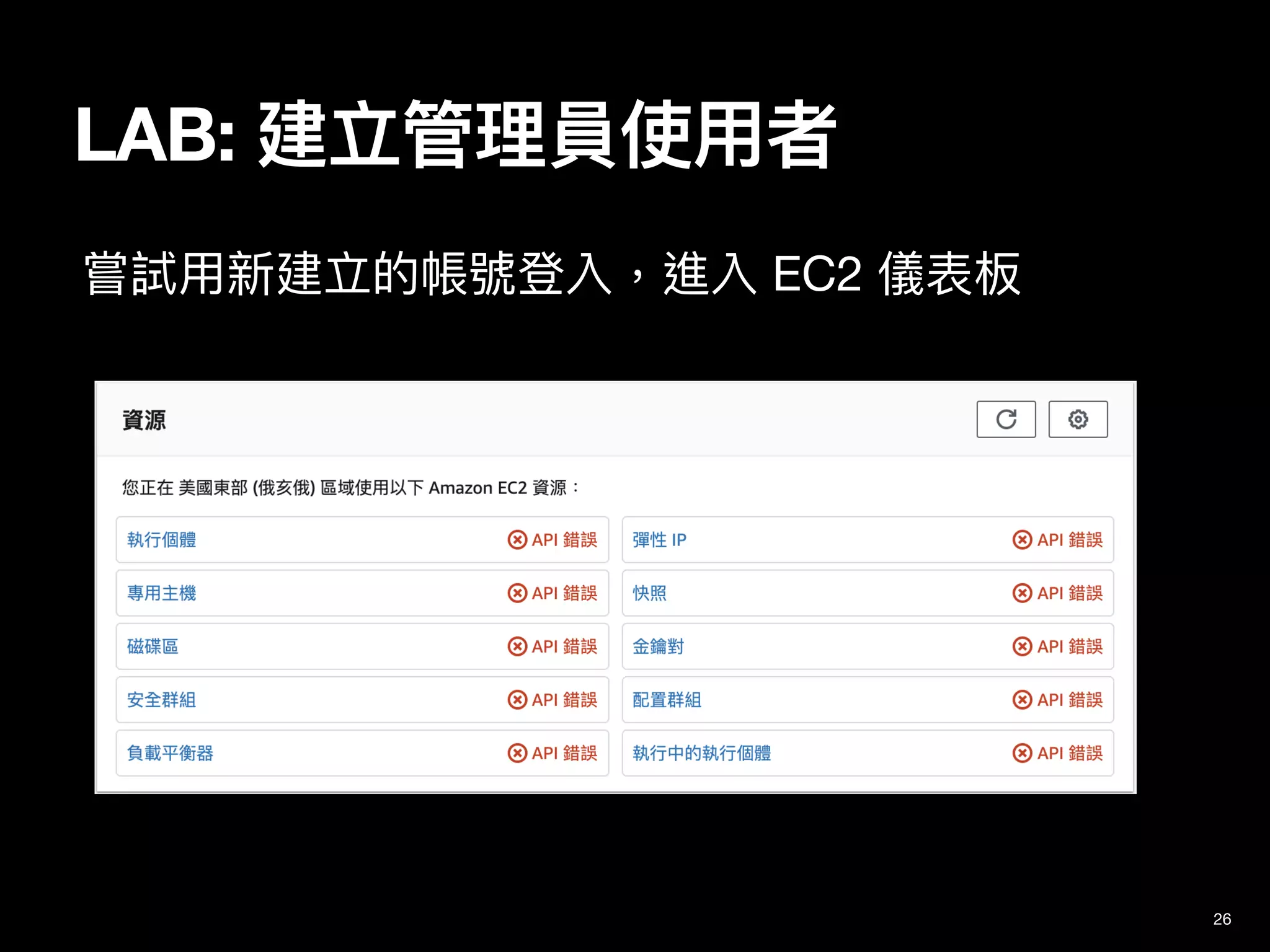 26
LAB: 建立管理員使⽤者
嘗試⽤新建立的帳號登入，進入 EC2 儀表板
 