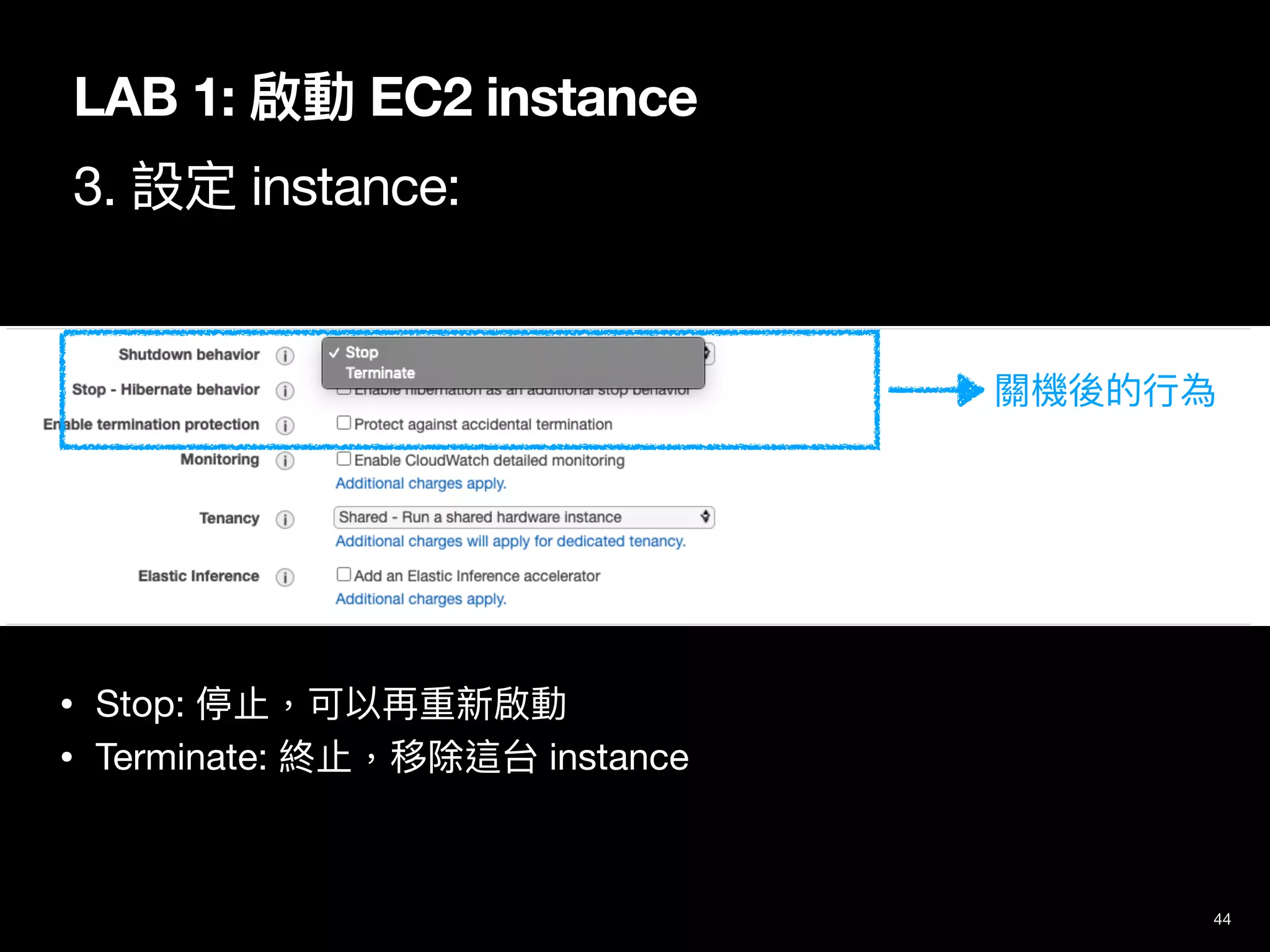 44
LAB 1: 啟動 EC2 instance
3. 設定 instance:
關機後的⾏為
• Stop: 停⽌，可以再重新啟動

• Terminate: 終⽌，移除這台 instance
 