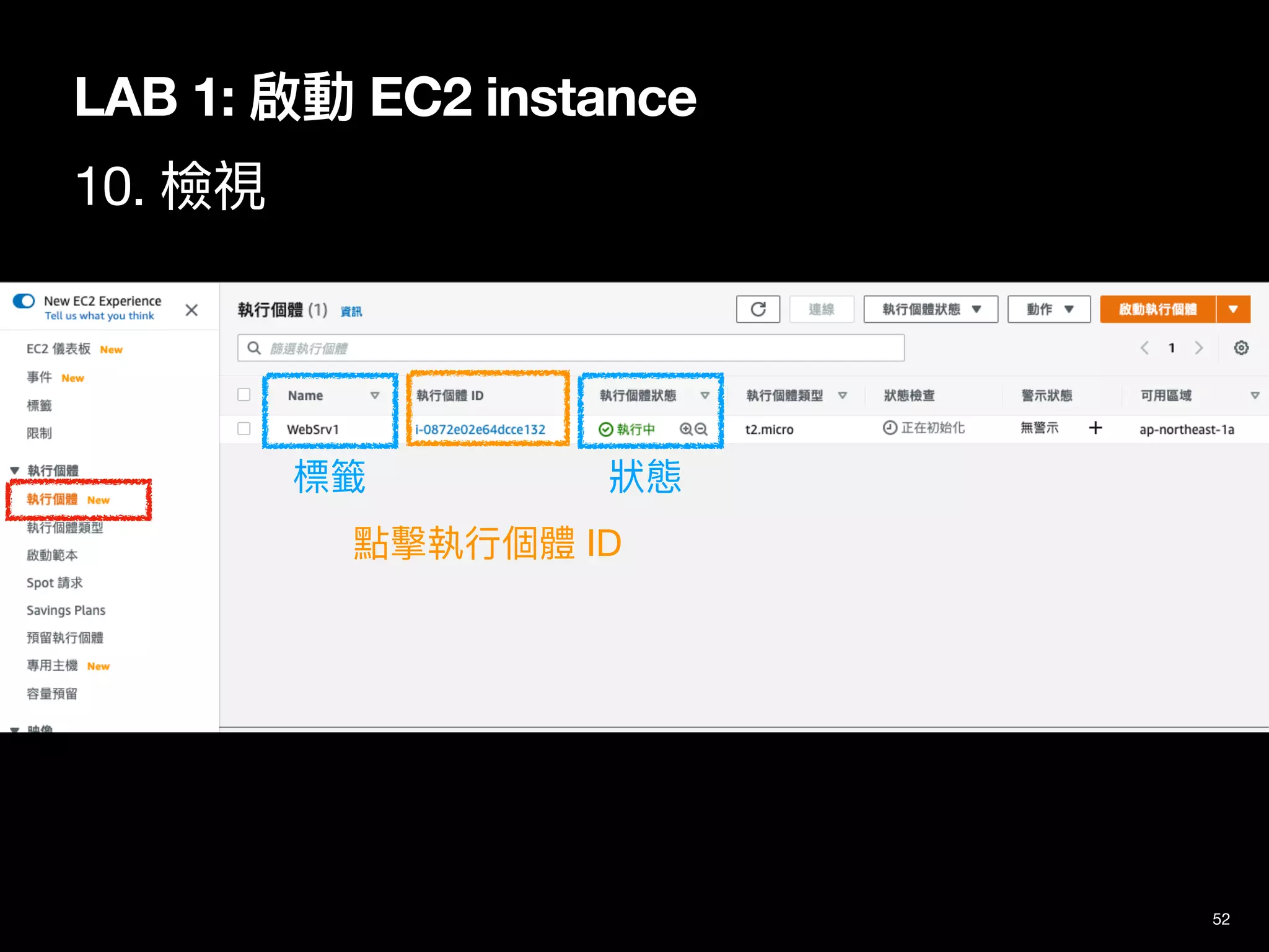 52
LAB 1: 啟動 EC2 instance
10. 檢視
標籤 狀態
點擊執⾏個體 ID
 