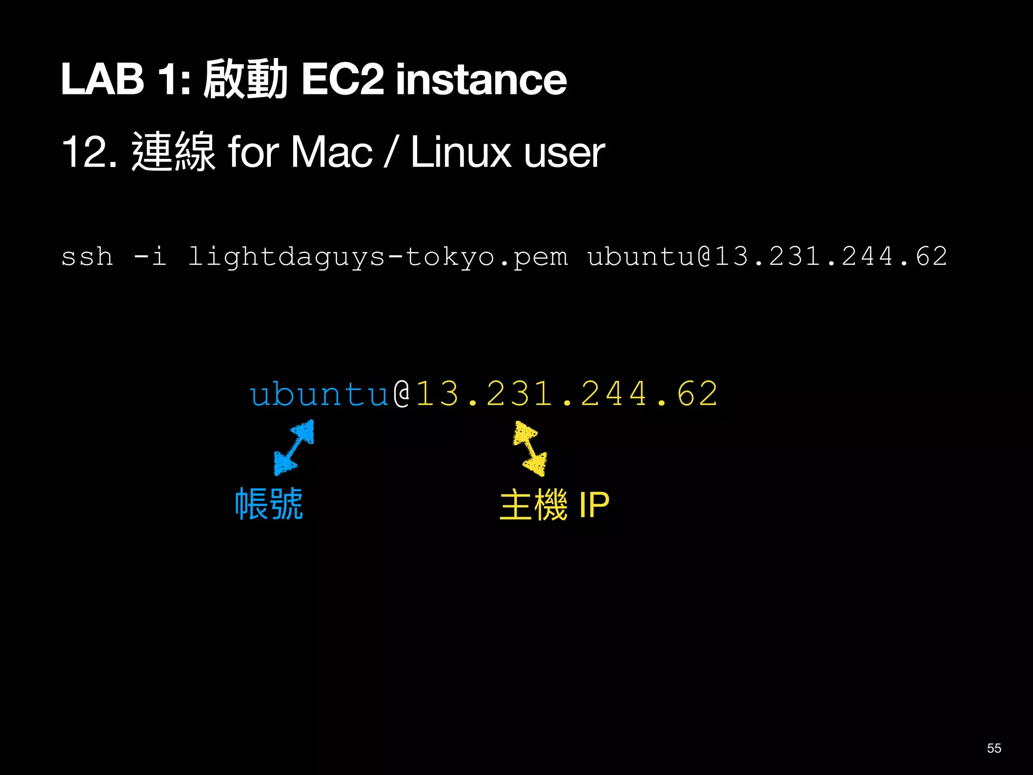 55
LAB 1: 啟動 EC2 instance
12. 連線 for Mac / Linux user
ssh -i lightdaguys-tokyo.pem ubuntu@13.231.244.62
ubuntu@13.231.244.62
帳號 主機 IP
 