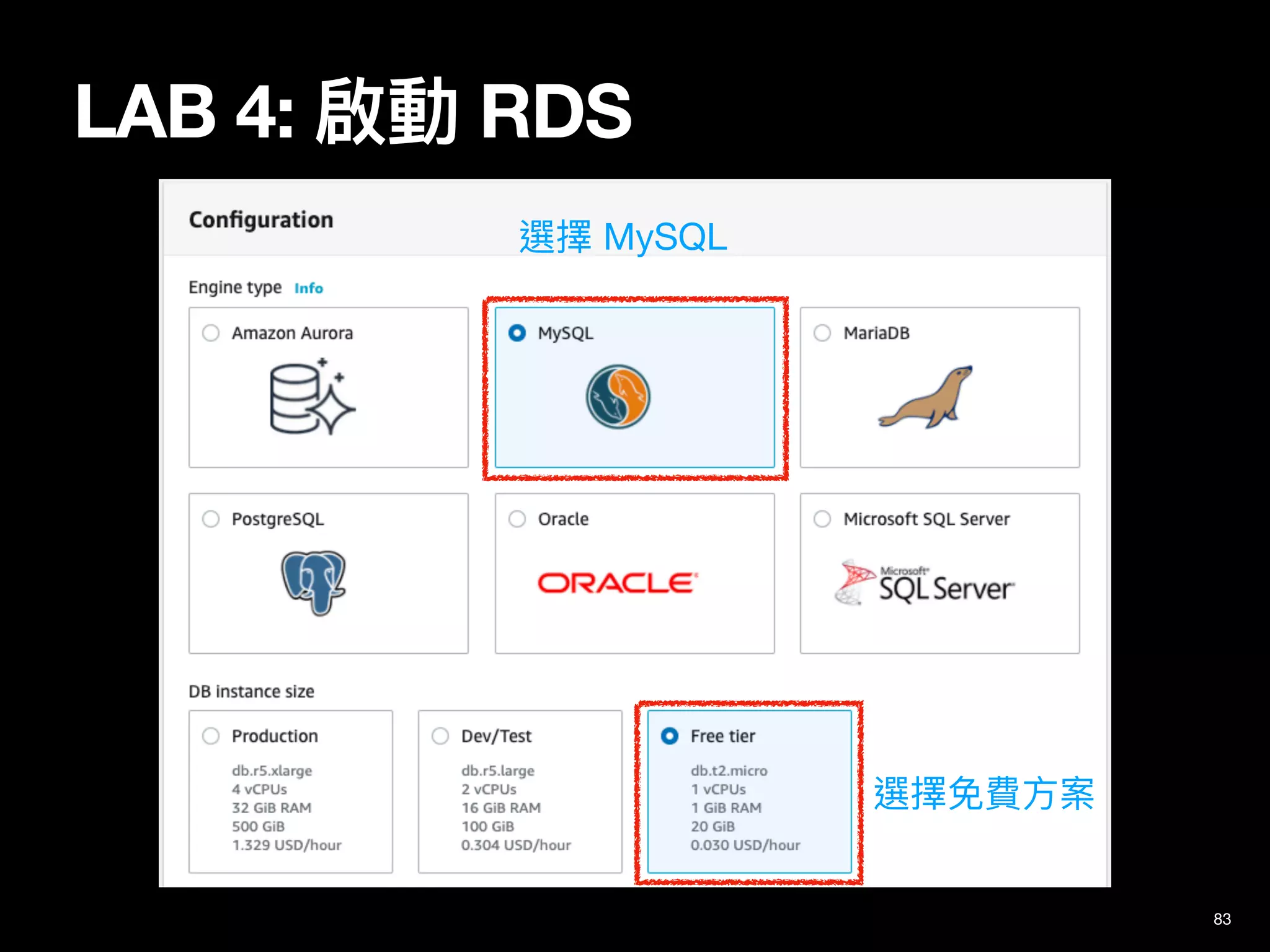 LAB 4: 啟動 RDS
83
選擇 MySQL
選擇免費⽅案
 
