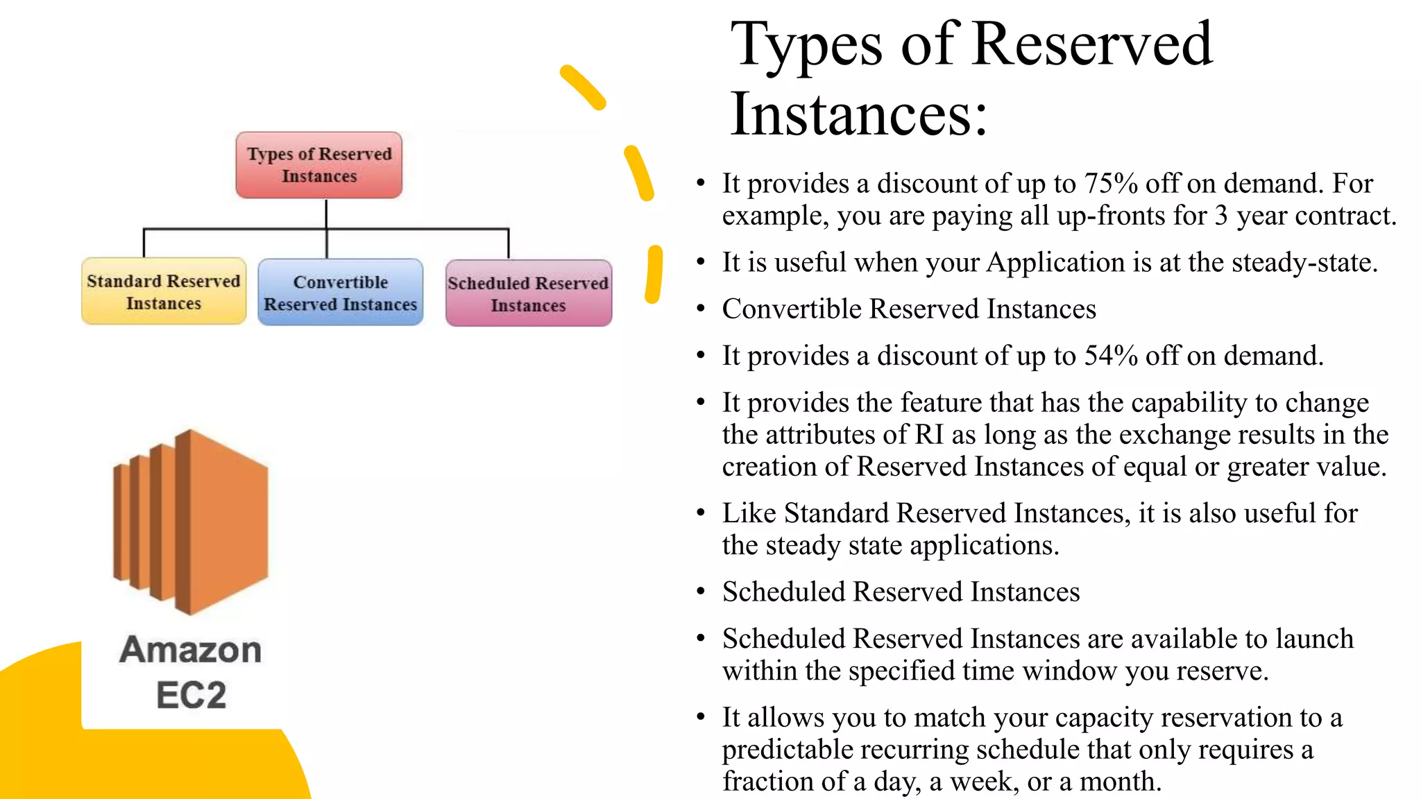Types of Reserved
Instances:
• It provides a discount of up to 75% off on demand. For
example, you are paying all up-fronts for 3 year contract.
• It is useful when your Application is at the steady-state.
• Convertible Reserved Instances
• It provides a discount of up to 54% off on demand.
• It provides the feature that has the capability to change
the attributes of RI as long as the exchange results in the
creation of Reserved Instances of equal or greater value.
• Like Standard Reserved Instances, it is also useful for
the steady state applications.
• Scheduled Reserved Instances
• Scheduled Reserved Instances are available to launch
within the specified time window you reserve.
• It allows you to match your capacity reservation to a
predictable recurring schedule that only requires a
fraction of a day, a week, or a month.
 