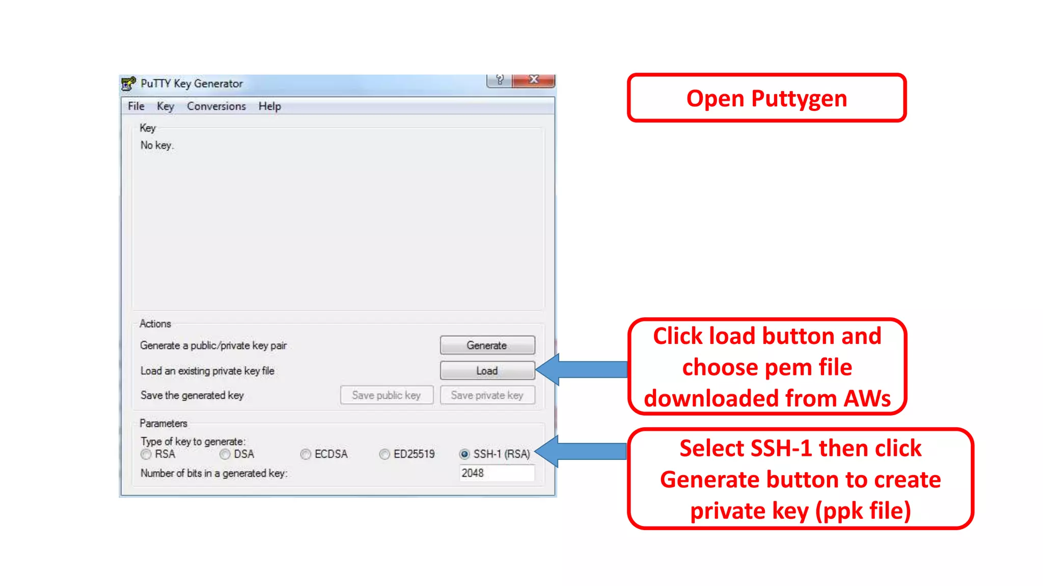 Click load button and
choose pem file
downloaded from AWs
Select SSH-1 then click
Generate button to create
private key (ppk file)
Open Puttygen
 