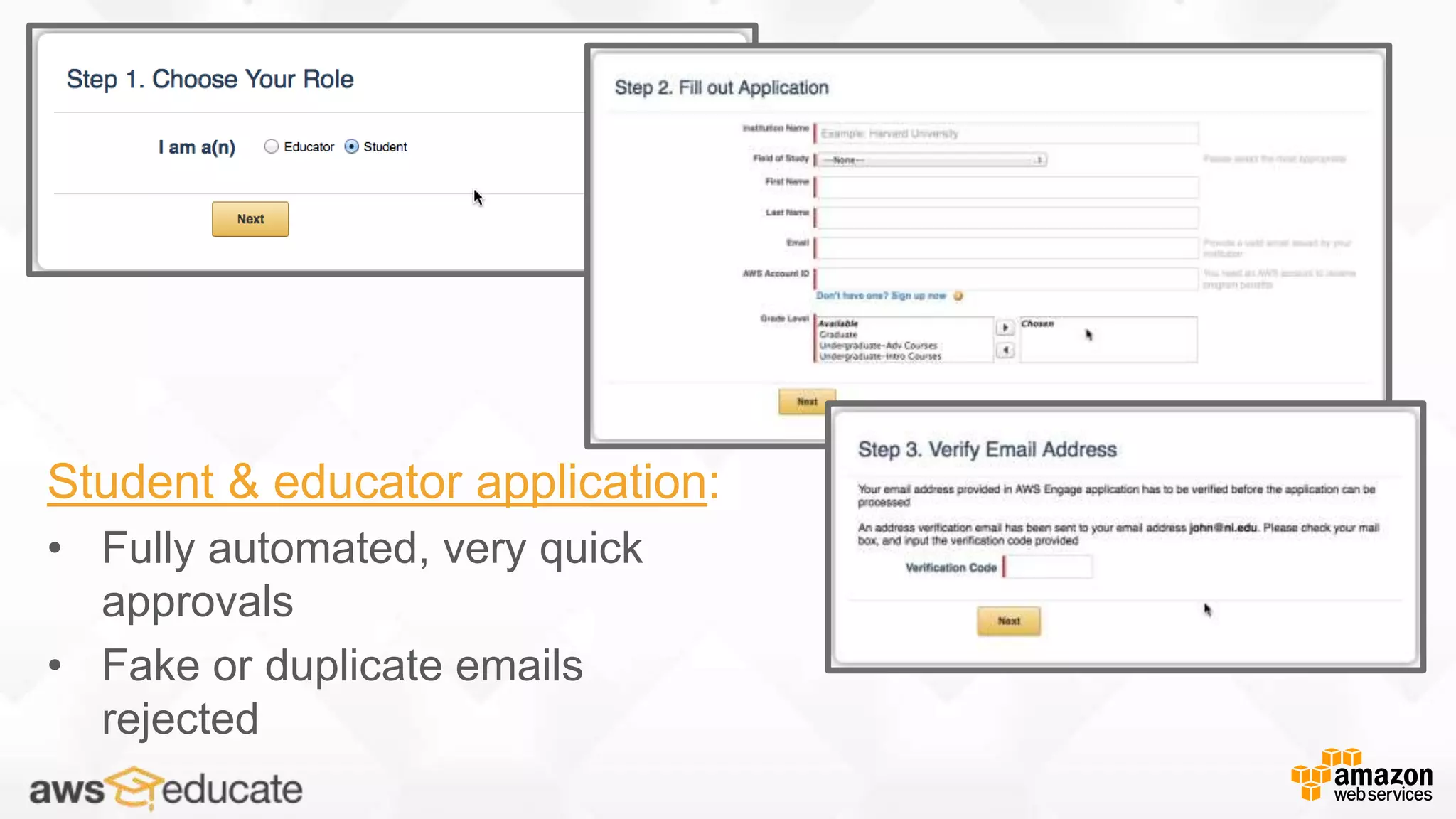 Student & educator application:
• Fully automated, very quick
approvals
• Fake or duplicate emails
rejected
 