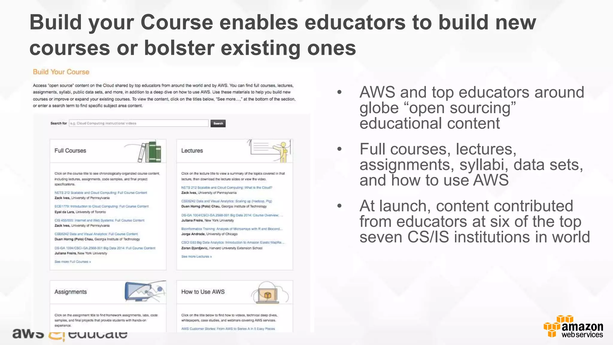 Build your Course enables educators to build new
courses or bolster existing ones
• AWS and top educators around
globe “open sourcing”
educational content
• Full courses, lectures,
assignments, syllabi, data sets,
and how to use AWS
• At launch, content contributed
from educators at six of the top
seven CS/IS institutions in world
 