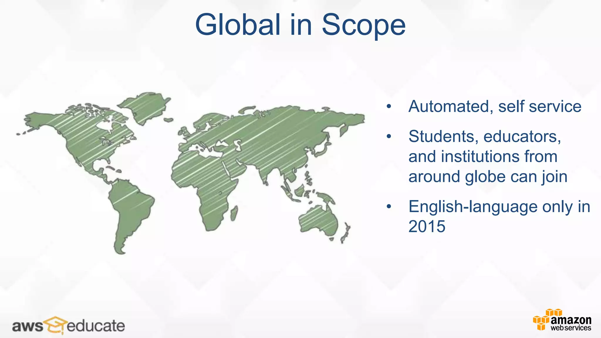 Global in Scope
• Automated, self service
• Students, educators,
and institutions from
around globe can join
• English-language only in
2015
 