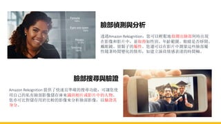 臉部偵測與分析
透過Amazon Rekognition，您可以輕鬆地偵測出臉部何時出現
在影像和影片中，並取得如性別、年齡範圍、眼睛是否睜開、
戴眼鏡、留鬍子的屬性。您還可以在影片中測量這些臉部屬
性隨著時間變化的情形，如建立演員情感表達的時間軸。
臉部搜尋與驗證
Amazon Rekognition 提供了快速且準確的搜尋功能，可讓您使
用自己的私有臉部影像儲存庫來識別相片或影片中的人物。
您亦可比對儲存用於比較的影像來分析臉部影像，以驗證其
身分。
 