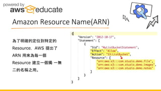 Amazon Resource Name(ARN)
為了明確的定位到特定的
Resource，AWS 提出了
ARN 用來為每一個
Resource 建立一個獨 一無
二的名稱之用。
 