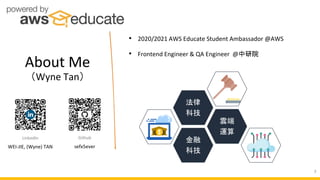 About Me
（Wyne Tan）
• 2020/2021 AWS Educate Student Ambassador @AWS
• Frontend Engineer & QA Engineer @中研院
Github
sefx5ever
LinkedIn
WEI-JIE, (Wyne) TAN
金融
科技
雲端
運算
法律
科技
3
 
