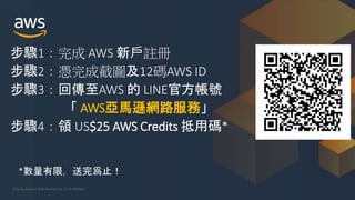© 2019, Amazon Web Services, Inc. or its Affiliates.
步驟1：完成 AWS 新戶註冊
步驟2：憑完成截圖及12碼AWS ID
步驟3：回傳至AWS 的 LINE官方帳號
「 AWS亞馬遜網路服務」
步驟4：領 US$25 AWS Credits 抵用碼*
*數量有限，送完爲止！
 