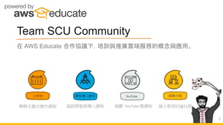 Team SCU Community
在 AWS Educate 合作協議下，培訓與推廣雲端服務的概念與應用。
2
 