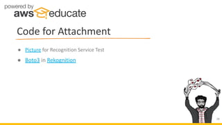 ● Picture for Recognition Service Test
● Boto3 in Rekognition
Code for Attachment
28
 