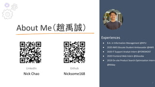 About Me（趙禹誠）
LinkedIn
Nick Chao
Experiences
● B.A. in Information Management @NTU
● 2020 AWS Educate Student Ambassador @AWS
● 2020 IT Support Analyst Intern @FOREMOST
● 2020 Frontend Web Intern @Glossika
● 2019 On-site Product Search Optimization Intern
@KKday
Github
Nicksome168
5
 