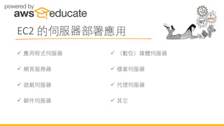 EC2 的伺服器部署應用
✓ 應用程式伺服器
✓ 網頁服務器
✓ 遊戲伺服器
✓ 郵件伺服器
✓ （數位）媒體伺服器
✓ 檔案伺服器
✓ 代理伺服器
✓ 其它
 