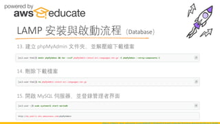 13. 建立 phpMyAdmin 文件夾，並解壓縮下載檔案
14. 刪除下載檔案
15. 開啟 MySQL 伺服器，並登錄管理者界面
LAMP 安裝與啟動流程（Database）
 