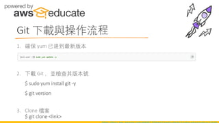1. 確保 yum 已達到最新版本
2. 下載 Git ，並檢查其版本號
$ sudo yum install git -y
$ git version
3. Clone 檔案
$ git clone <link>
Git 下載與操作流程
 