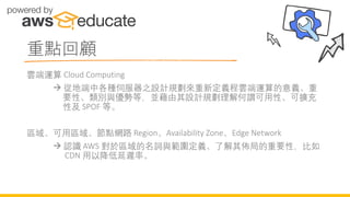 重點回顧
雲端運算 Cloud Computing
→ 從地端中各種伺服器之設計規劃來重新定義程雲端運算的意義、重
要性、類別與優勢等，並藉由其設計規劃理解何謂可用性、可擴充
性及 SPOF 等。
區域、可用區域、節點網路 Region、Availability Zone、Edge Network
→ 認識 AWS 對於區域的名詞與範圍定義、了解其佈局的重要性，比如
CDN 用以降低延遲率。
 