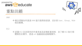 重點回顧
IAM
→ 概念理解如何透過 IAM 進行服務與資源，並針對 User、Group、Role
個別解釋。
EC2
→ 認識 EC2 及其提供的作業系統及設備配置規格，並了解 EC2 執行個
體類型及實作，透過 ssh 協議連接虛擬機實作。
 