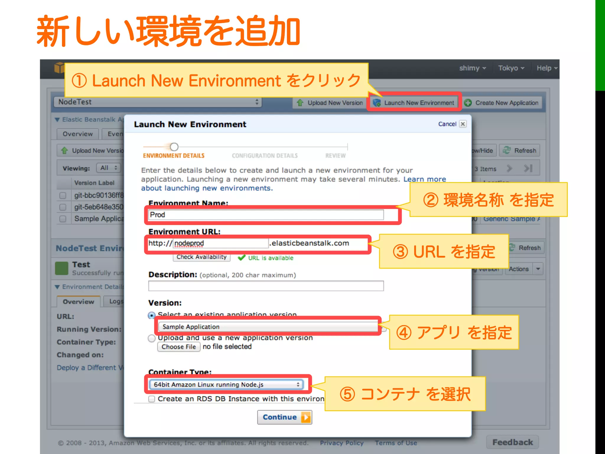 新しい環境を追加
① Launch New Environment をクリック
③ URL を指定
② 環境名称 を指定
④ アプリ を指定
⑤ コンテナ を選択
 