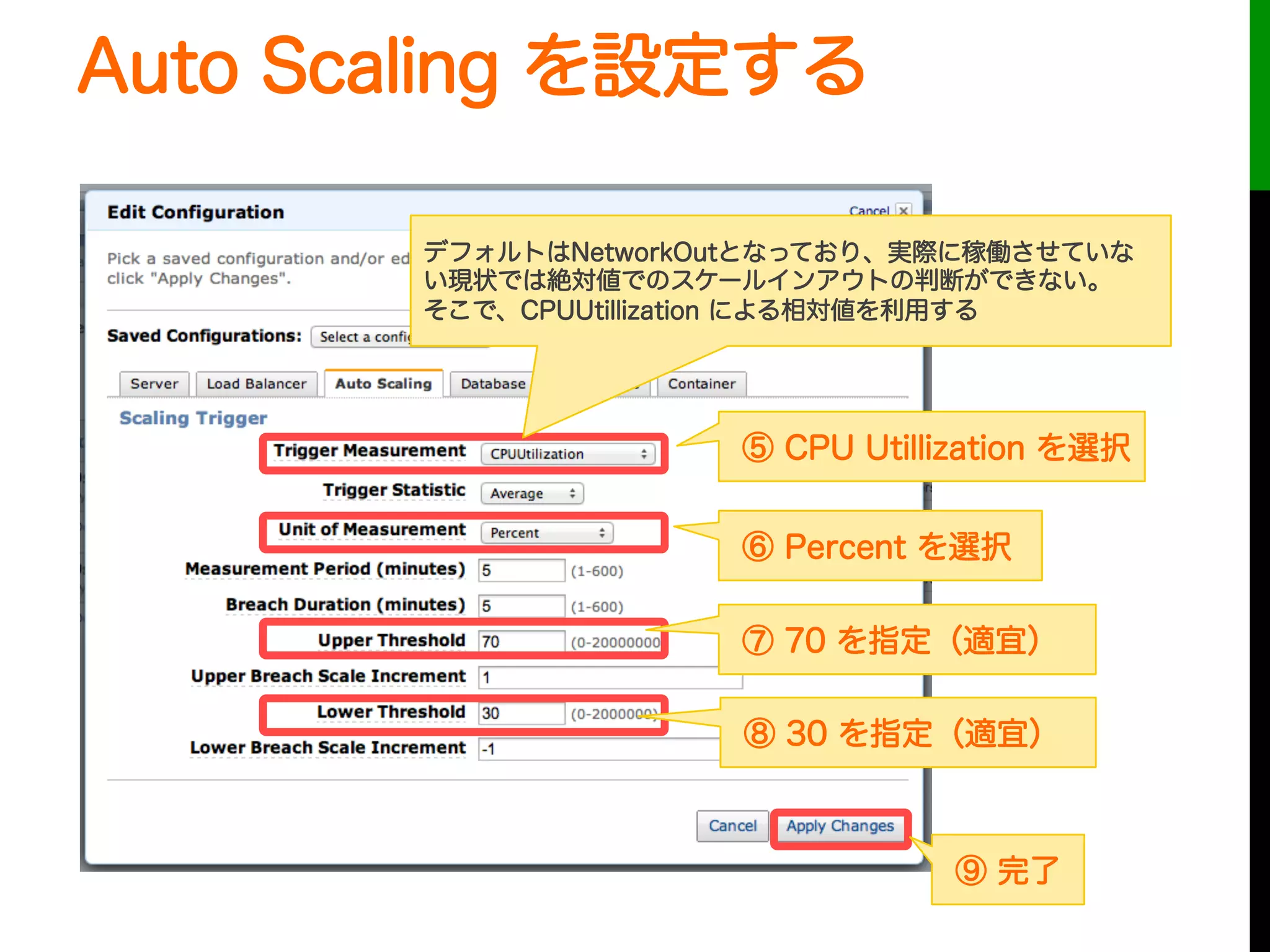 Auto Scaling を設定する
⑤ CPU Utillization を選択
⑥ Percent を選択
⑦ 70 を指定（適宜）
⑧ 30 を指定（適宜）
デフォルトはNetworkOutとなっており、実際に稼働させていな
い現状では絶対値でのスケールインアウトの判断ができない。
そこで、CPUUtillization による相対値を利用する
⑨ 完了
 