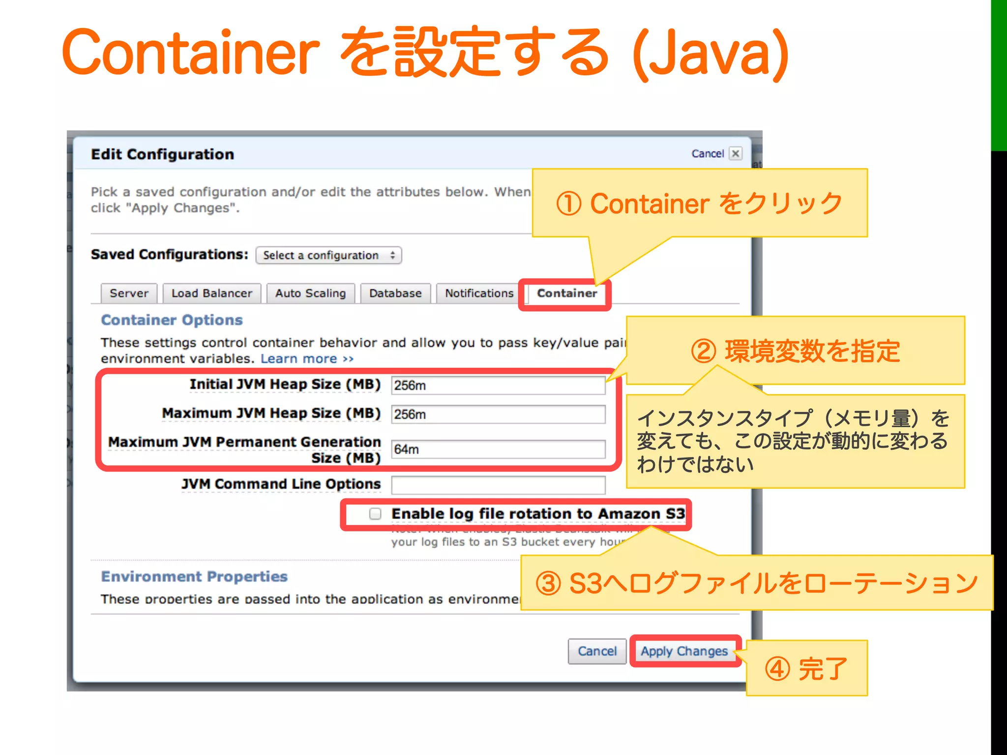 Container を設定する (Java)
① Container をクリック
② 環境変数を指定
③ S3へログファイルをローテーション
④ 完了
インスタンスタイプ（メモリ量）を
変えても、この設定が動的に変わる
わけではない
 